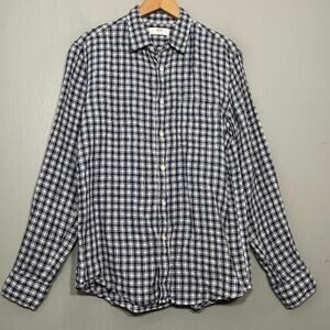 Uniqlo Mens Size Medium Blue White Plaid Button Up Linen Shirt Casual Coastal
